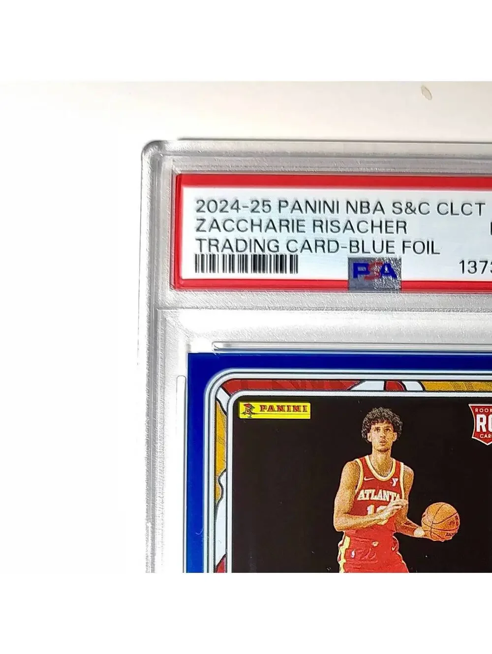 Zaccharie Risacher Rookie 2024-25 Panini NBA #71 Sticker 36/215 Blue Foil PSA 8